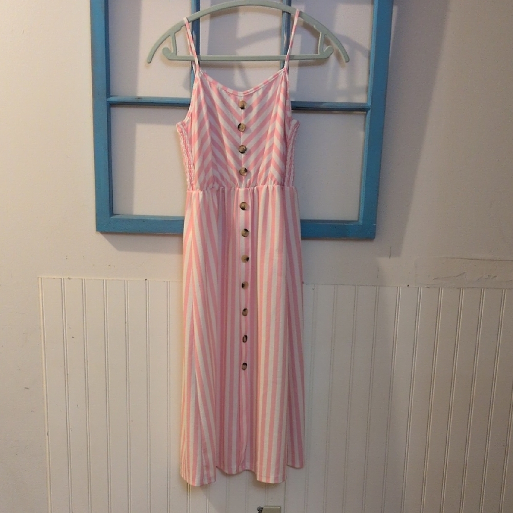 ROMWE Pink and White Striped Midi Dress